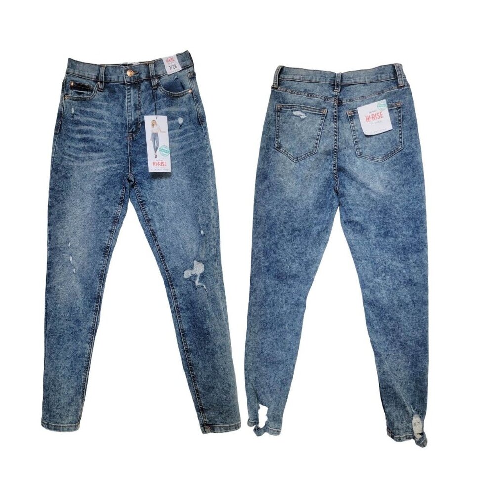 ⭐Womens Ankle Skinny Jeans 7/28 High Rise Acid Wash Blue Distressed Denim Pants⭐